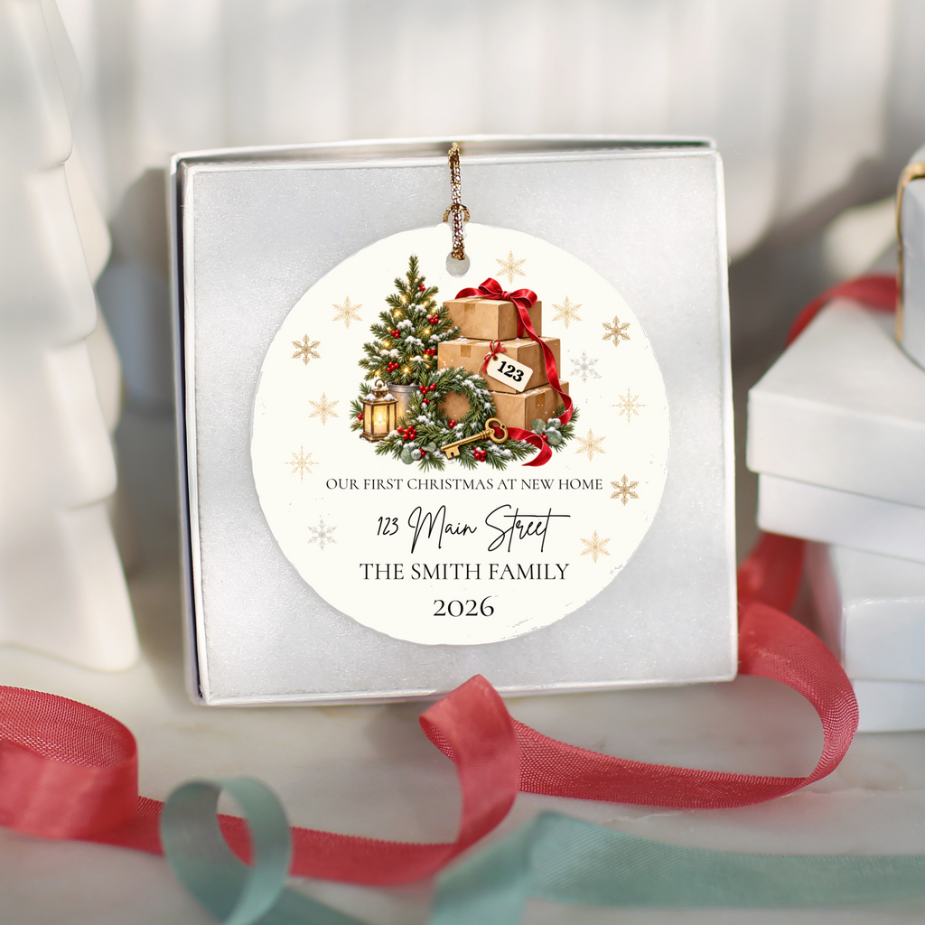 Personalized First Christmas in New Home Ornament, Custom Address Christmas Decoration, Moving Boxes Ornament, New Homeowner Housewarming Gift