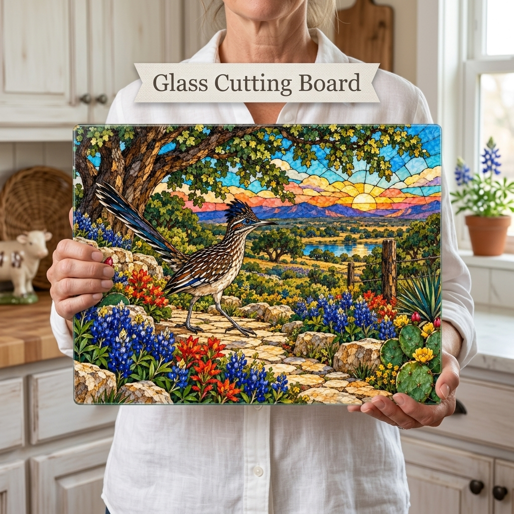 Texas Roadrunner Glass Cutting Board, Bluebonnet Kitchen Decor, Hill Country Wildlife Art, Southwestern Bird Gift, Texas Housewarming