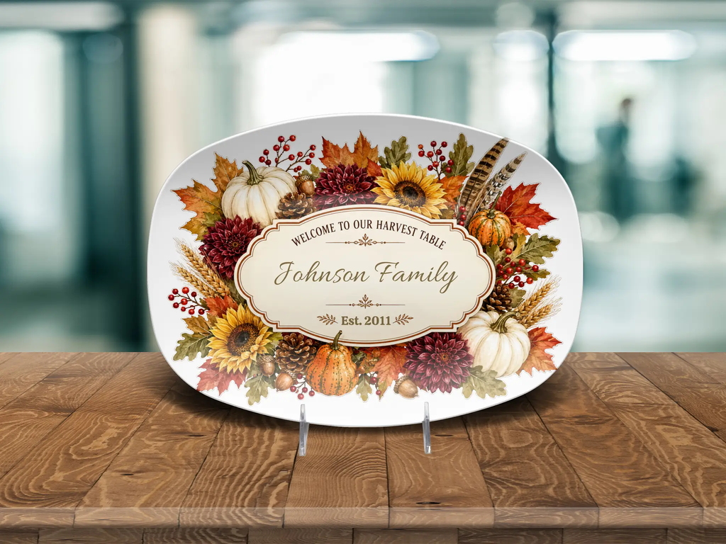 Personalized Thanksgiving Platter, Custom Family Name Harvest Serving Platter, Woodland Fall Decor, Pumpkin Sunflower Hostess Gift, 10x14