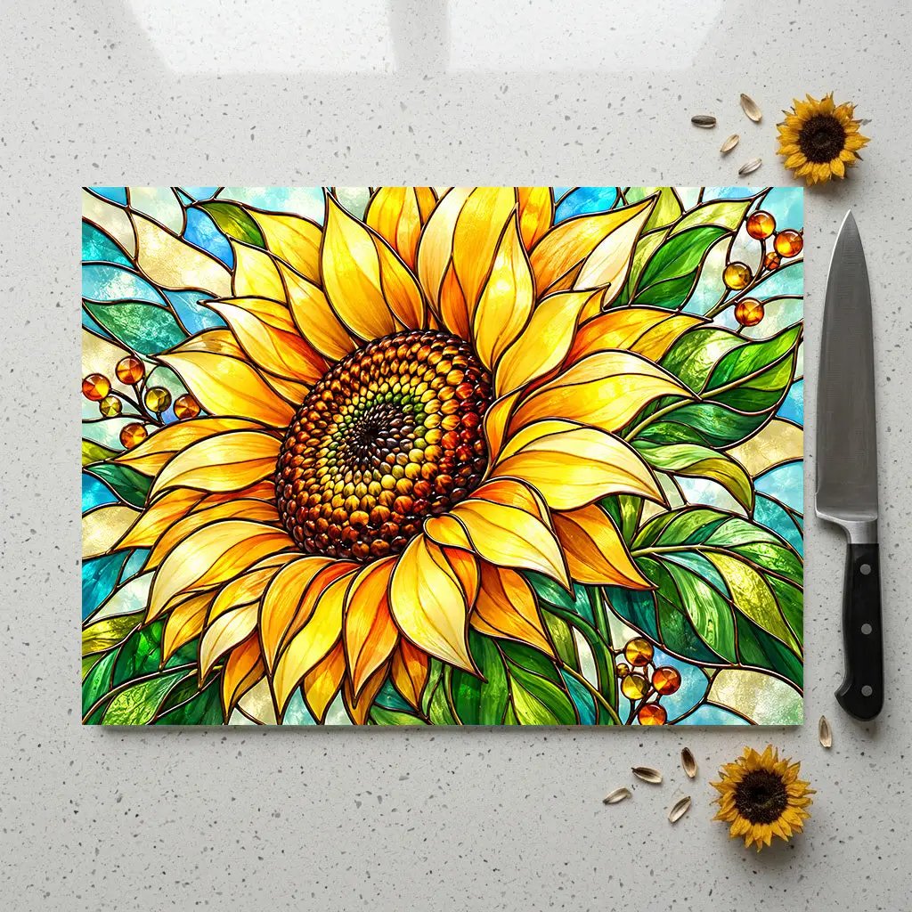 Sunflower Glass Cutting Board, Stained Glass Floral Kitchen Decor, Yellow Flower Chopping Board, Gift for Mom, Housewarming Gift