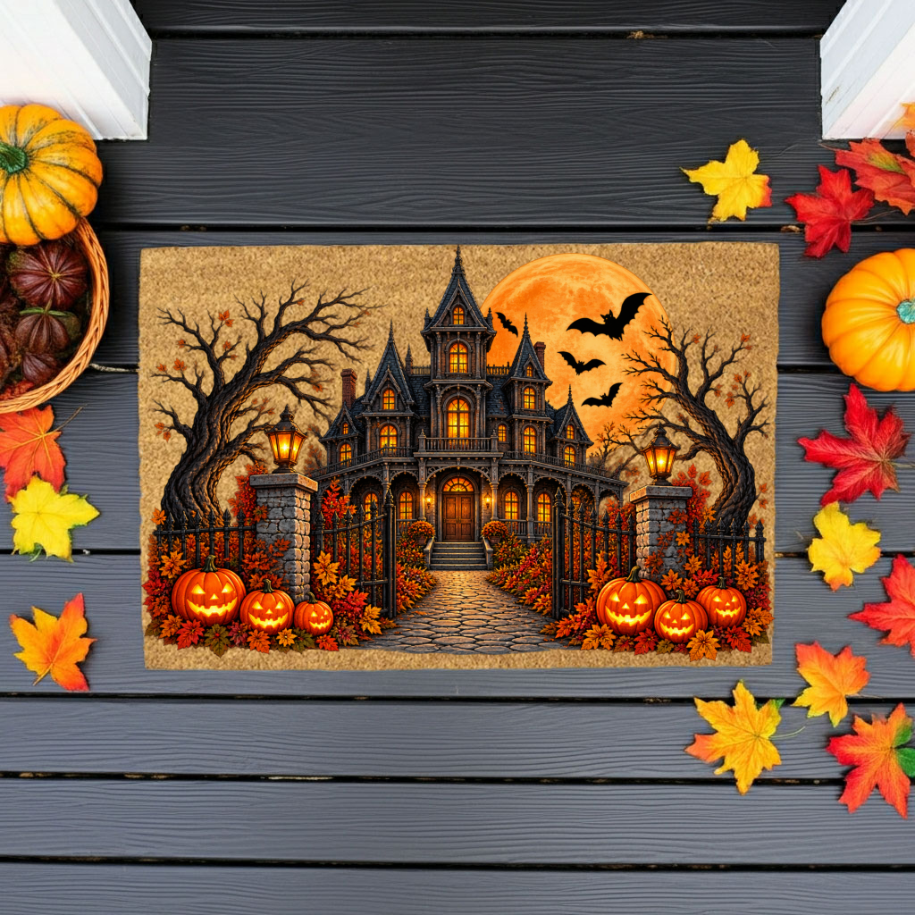 Haunted House Halloween Doormat, Gothic Mansion Coir Welcome Mat, Spooky Fall Porch Decor, Pumpkin Front Door Mat, Halloween Entryway