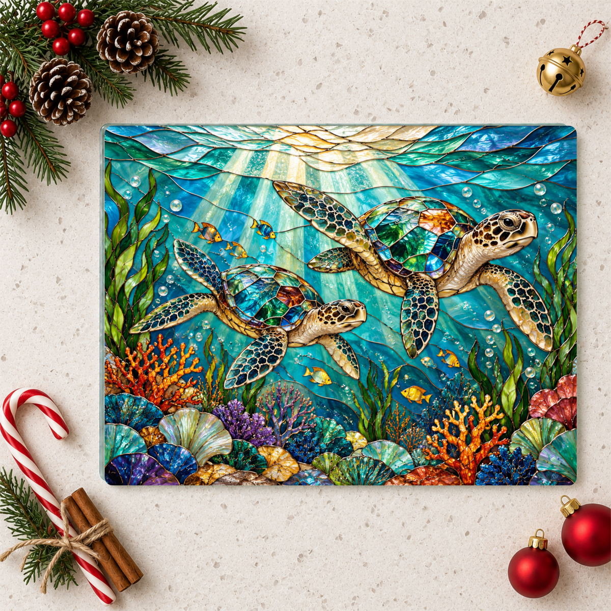 Sea Turtle Glass Cutting Board, Ocean Kitchen Decor, Coastal Chopping Board, Underwater Sea Life Gift, Marine Turtle Kitchen Art Piece