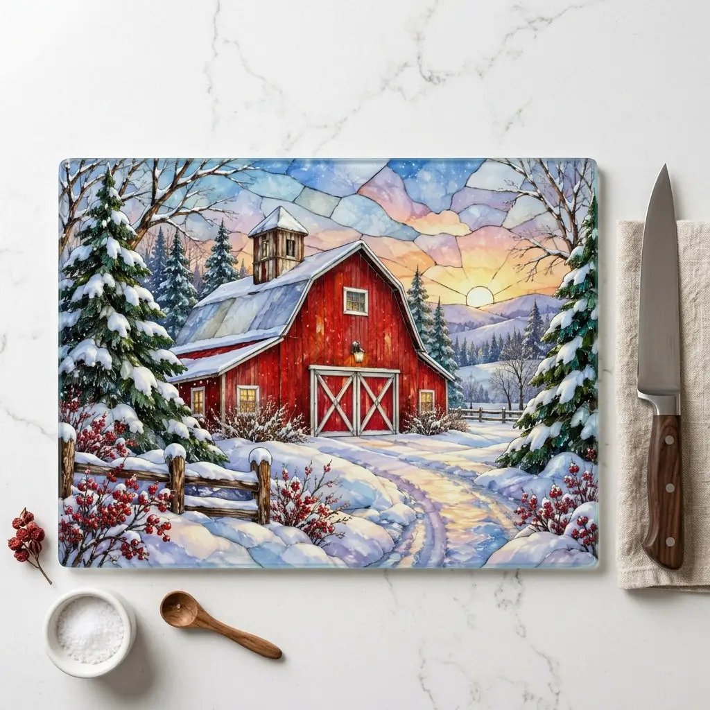 Winter Country Barn Glass Cutting Board, Red Barn Farmhouse Kitchen Decor, Snowy Rustic Country Christmas Gift