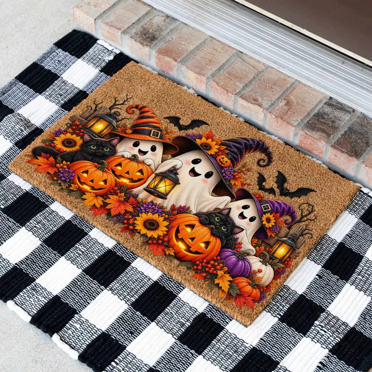 Halloween Ghost Doormat, Black Cat & Pumpkin Coir Mat, Cute Spooky Welcome Mat, Witch Ghost Fall Porch Decor, Halloween Door Mat