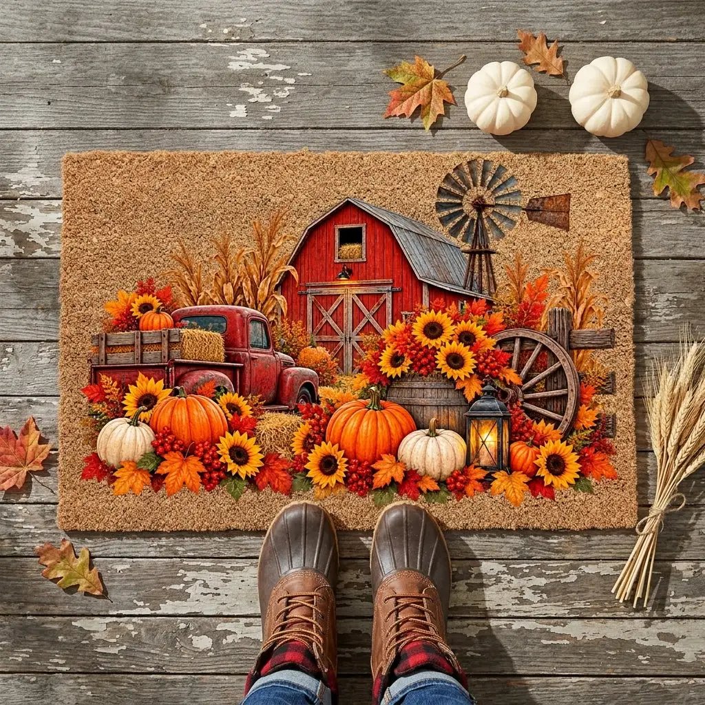 Fall Farmhouse Doormat, Country Barn Coir Mat, Pumpkin Harvest Welcome Mat, Rustic Autumn Porch Decor, Farmhouse Fall Door Mat