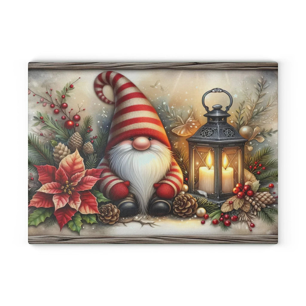 Christmas Gnome Glass Cutting Board — Festive Poinsettia & Lantern Kitchen Decor