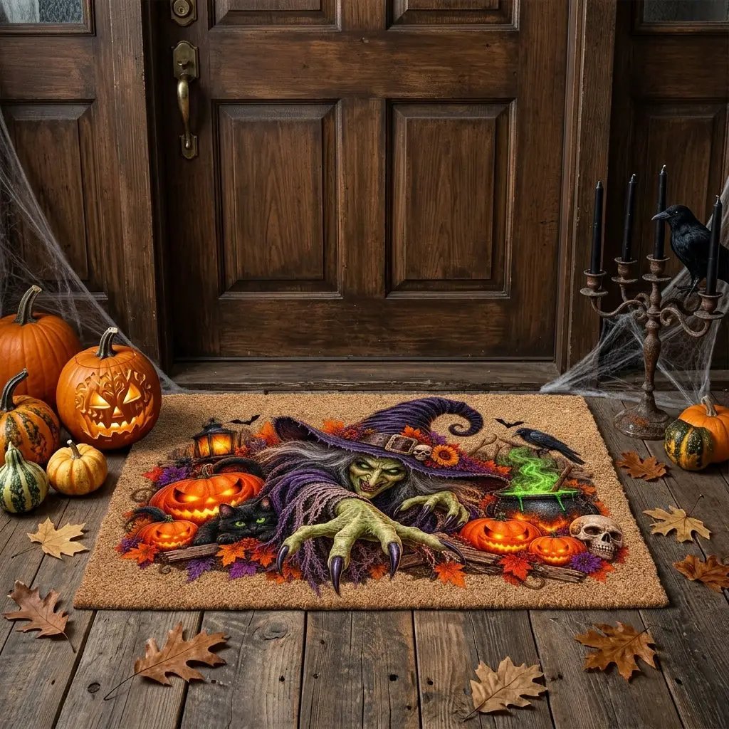Horror Witch Doormat, Scary Halloween Coir Mat, Creepy Witch & Black Cat Welcome Mat, Pumpkin Porch Decor, Haunted House Door Mat