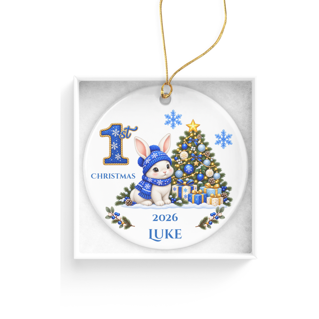 Baby Bunny Personalized Christmas Ornament. Baby's 1st 2nd 3rd Christmas, Custom Name Year Ceramic Keepsake, Girl Gift