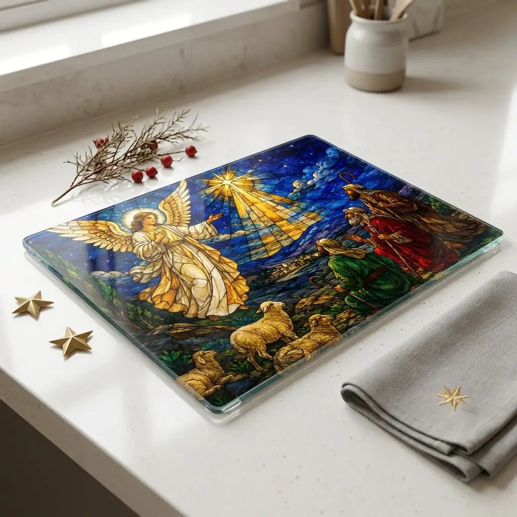Angel and Shepherds Glass Cutting Board, Christian Christmas Gift, Nativity Kitchen Decor, Religious Christmas Decor, Stained Glass Art