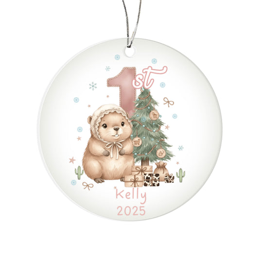 Baby's First Christmas Cute Beaver Girl's Western Style Acrylic Ornament – Personalized Name and Year – Holiday Keepsake – 3” Clear Round Ornament for Newborns, infants