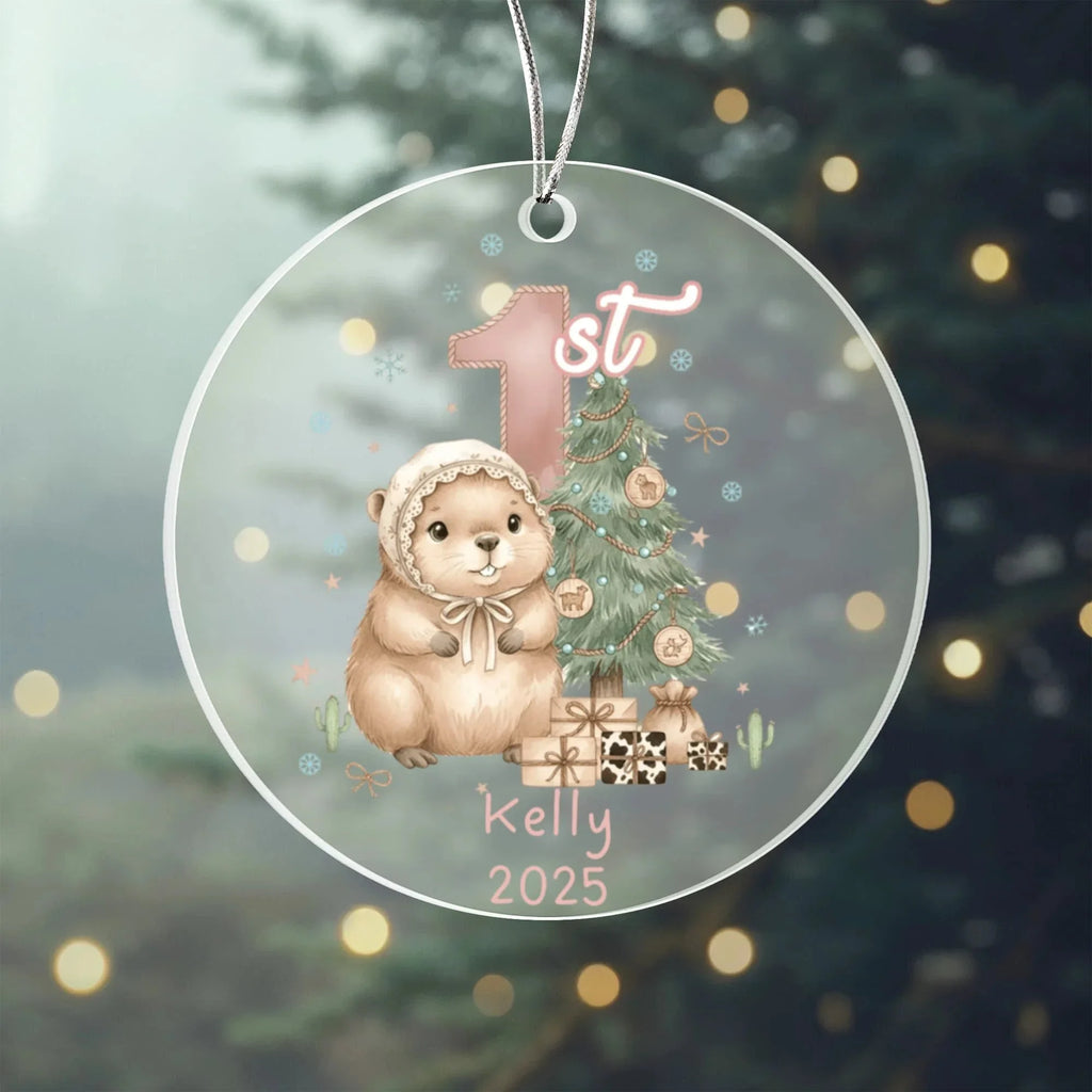 Baby's First Christmas Cute Beaver Girl's Western Style Acrylic Ornament – Personalized Name and Year – Holiday Keepsake – 3” Clear Round Ornament for Newborns, infants