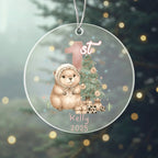 Baby's First Christmas Cute Beaver Girl's Western Style Acrylic Ornament – Personalized Name and Year – Holiday Keepsake – 3” Clear Round Ornament for Newborns, infants