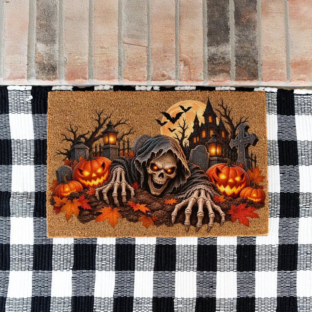 Creepy Skeleton Doormat, Grim Reaper Halloween Coir Mat, Scary Jack O Lantern Welcome Mat, Haunted House Spooky Porch Decor