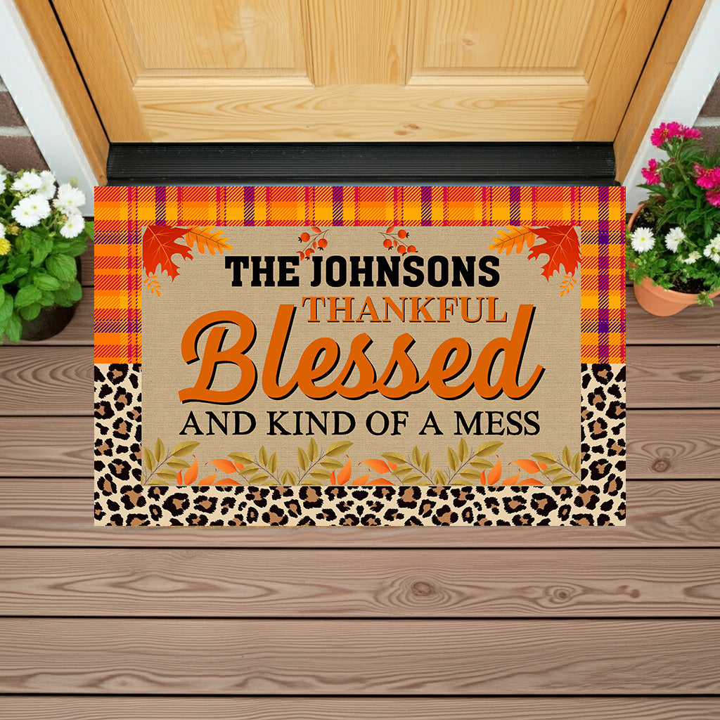 Personalized Thanksgiving Doormat – “Thankful, Blessed, and Kind of a Mess” Custom Family Name Fall Welcome Mat with Plaid and Leopard Print Design