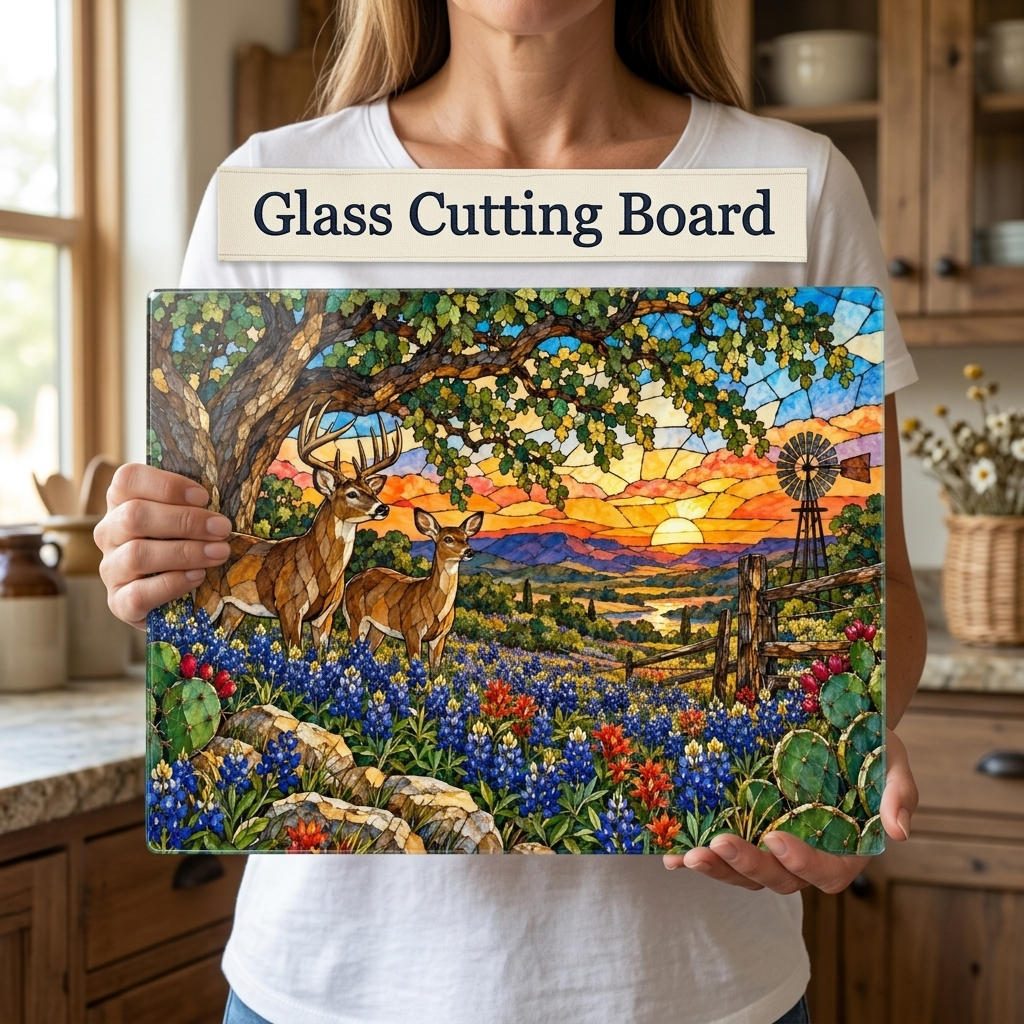 White Tailed Deer Glass Cutting Board, Texas Bluebonnet Kitchen Decor, Whitetail Buck Gift, Western Wildlife Art, Ranch House Decor