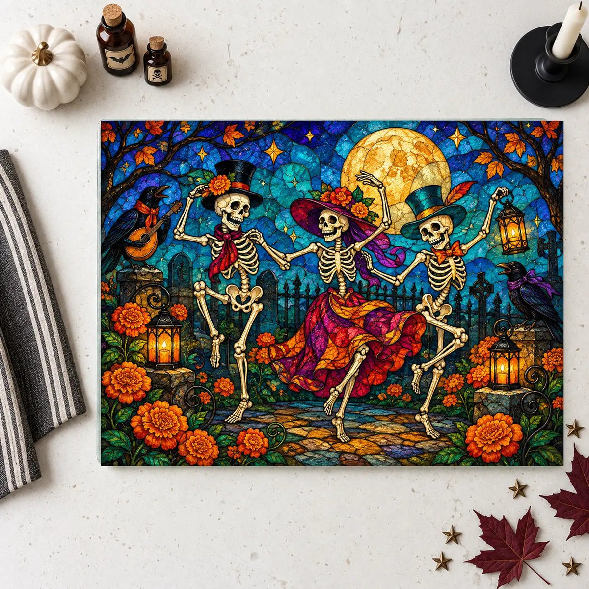 Halloween Dancing Skeletons Personalized Glass Cutting Board, Spooky Pumpkin Kitchen Decor