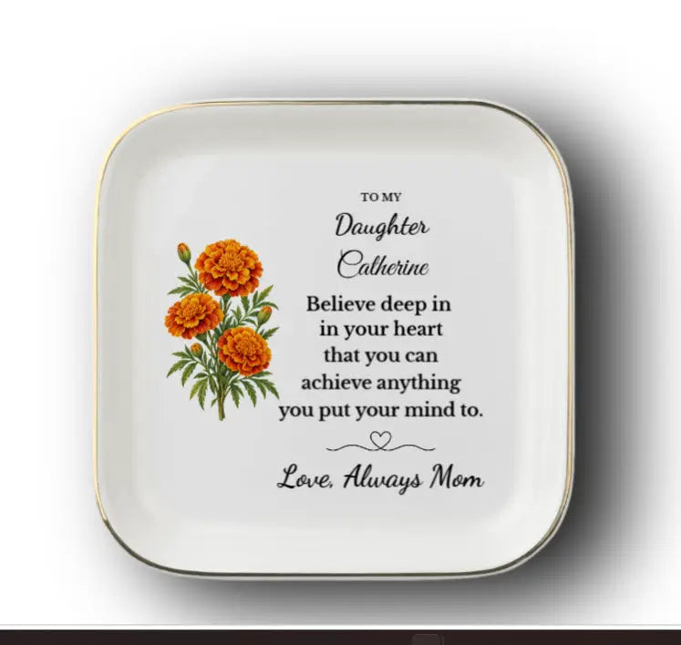 Personalized Daughter/ Granddaughter Jewelry Dish, Birth Flower Trinket Tray, Custom Name Inspirational Ceramic Ring Dish