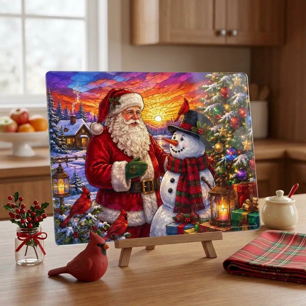 Santa and Snowman Glass Cutting Board, Christmas Kitchen Decor, Cardinal Holiday Gift, Stained Glass Christmas Serving Board, Santa Decor