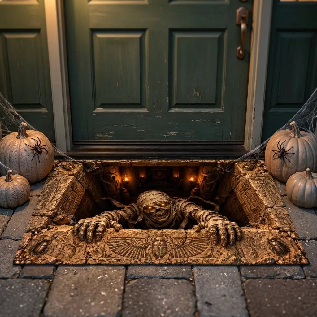Mummy Halloween Doormat, 3D Egyptian Tomb Optical Illusion Mat, Creepy Mummy Door Mat, Haunted Halloween Porch Decor