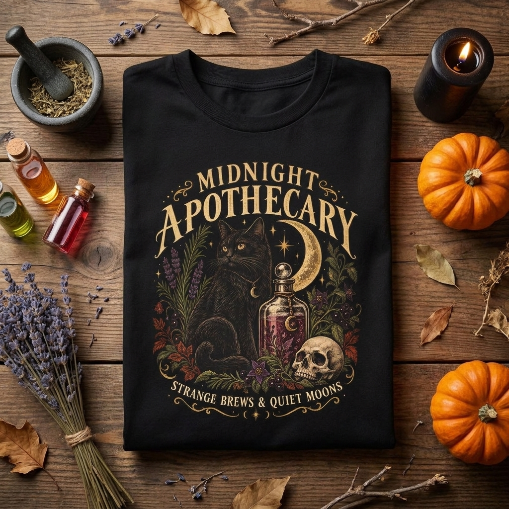 Midnight Apothecary Vintage Halloween Shirt, Black Cat Witchy Tee, Gothic Unisex Comfort Colors 1717 T-Shirt