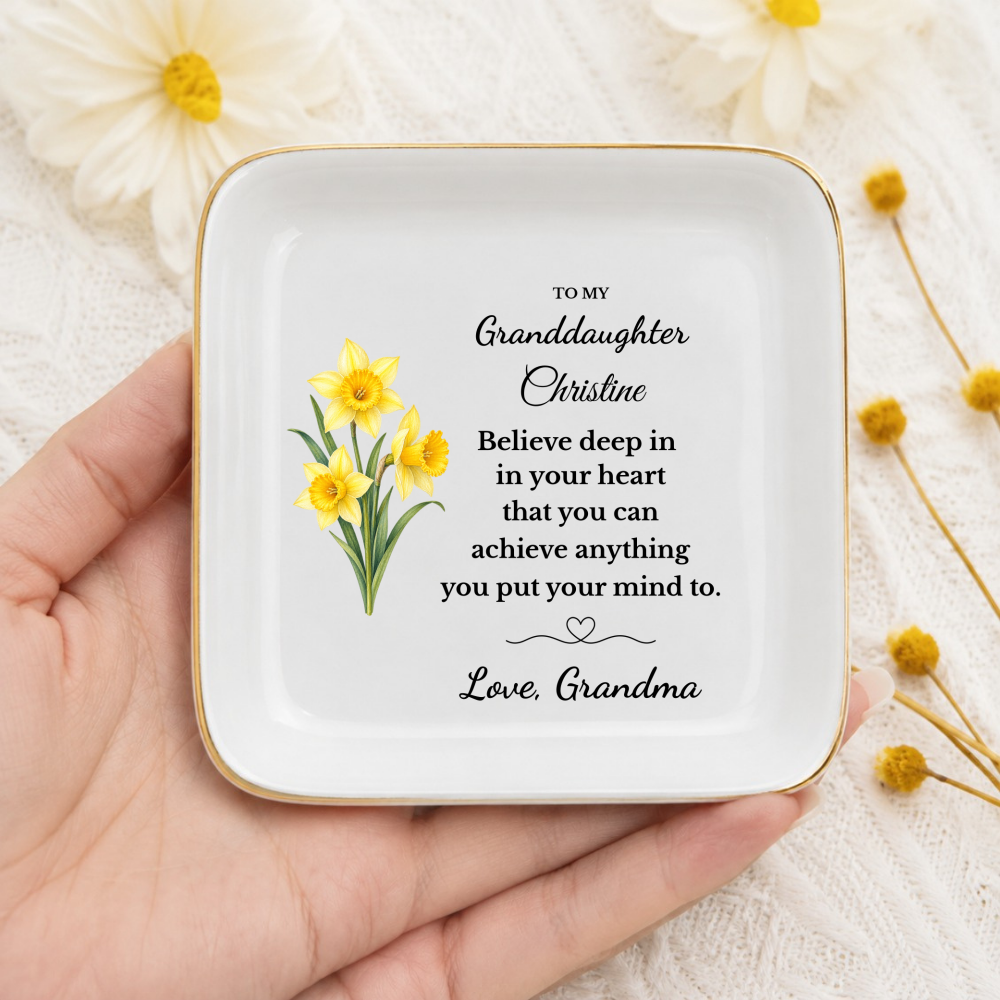 Personalized Daughter/ Granddaughter Jewelry Dish, Birth Flower Trinket Tray, Custom Name Inspirational Ceramic Ring Dish