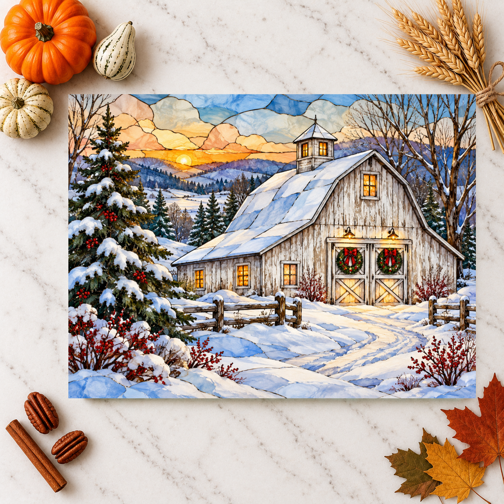 White Barn Glass Cutting Board, Christmas Farmhouse Decor, Winter Country Kitchen, Rustic Holiday Gift, Snowy Barn Christmas Decor