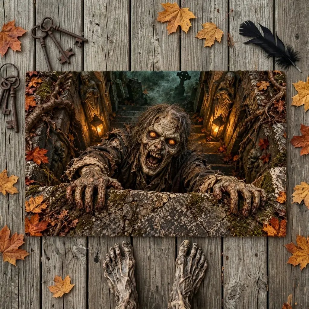 Zombie 3D Illusion Doormat, Graveyard Halloween Door Mat, Undead Zombie Welcome Mat, Haunted Crypt Optical Illusion, Spooky Porch Decor
