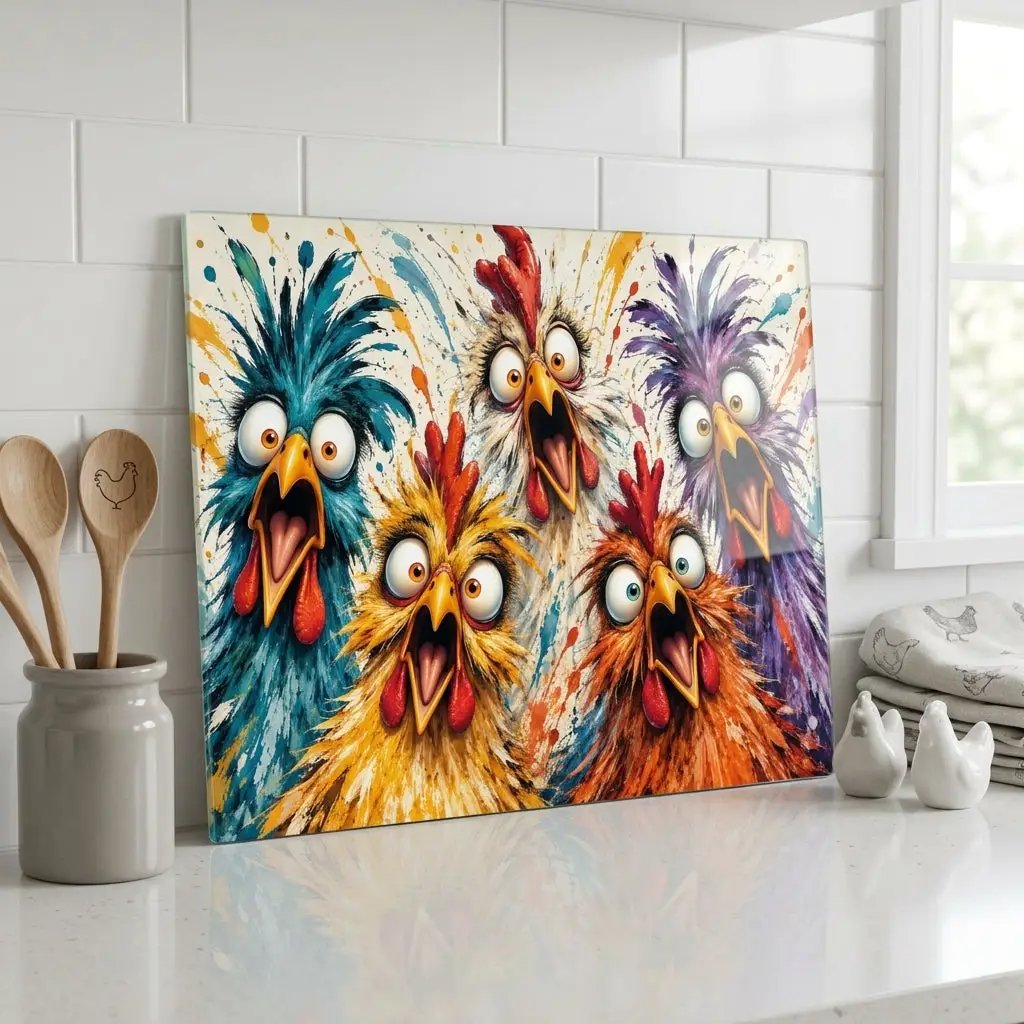 Screaming Chicken Flock Cutting Board, Funny Chicken Kitchen Decor, Colorful Hen Lover Gift, Farmhouse Chicken Gift