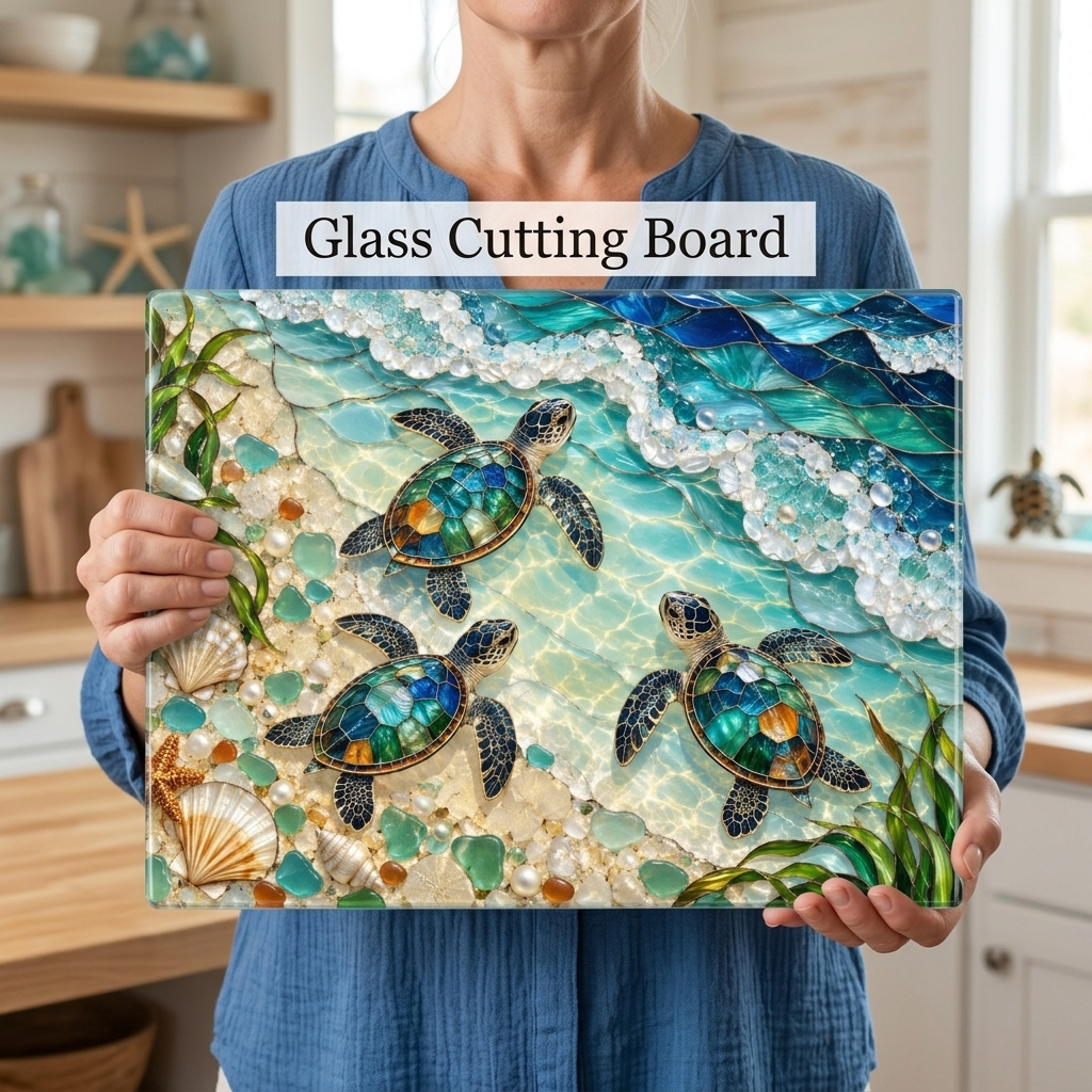 Sea Turtle Hatchlings Cutting Board, Coastal Kitchen Decor, Ocean Beach House Gift, Tempered Glass Chopping Board, Marine Life Kitchen Accent