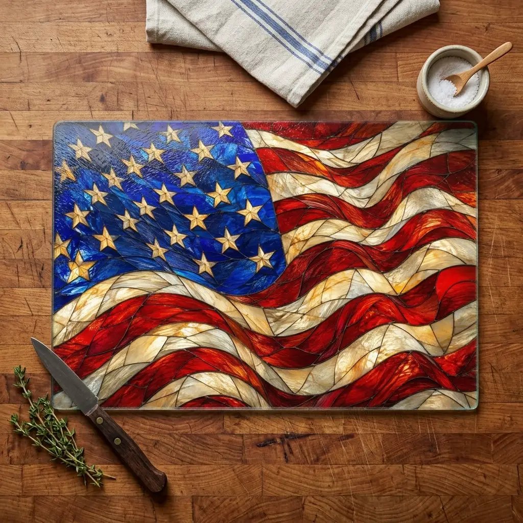 American Patriotic Flag Glass Cutting Board, Stained Glass Style USA Flag, Americana Kitchen Decor, Patriotic Gift