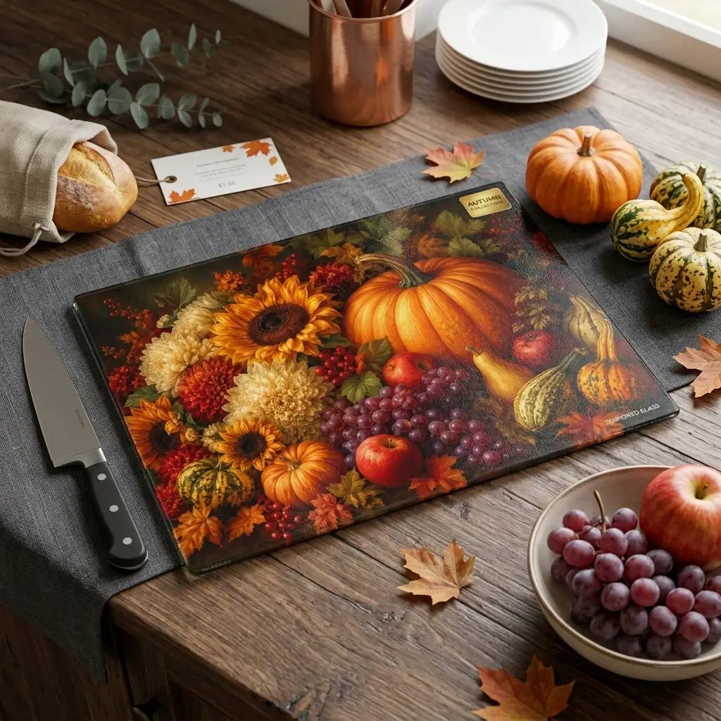 Fall Glass Cutting Board, Pumpkin Sunflower Kitchen Decor, Autumn Harvest Cutting Board, Thanksgiving Kitchen Gift