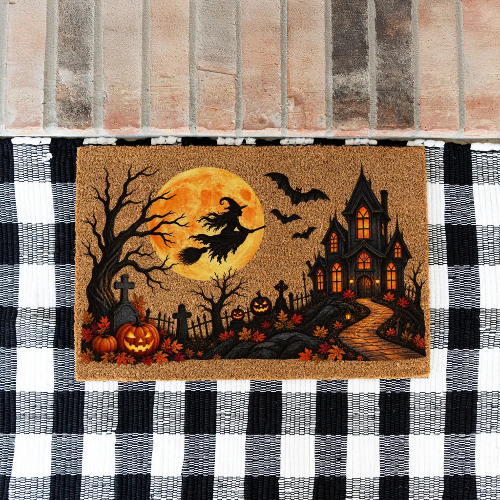 Halloween Witch Doormat, Haunted House Coir Welcome Mat, Spooky Graveyard Porch Decor, Full Moon Halloween Door Mat, Fall Entryway Decor