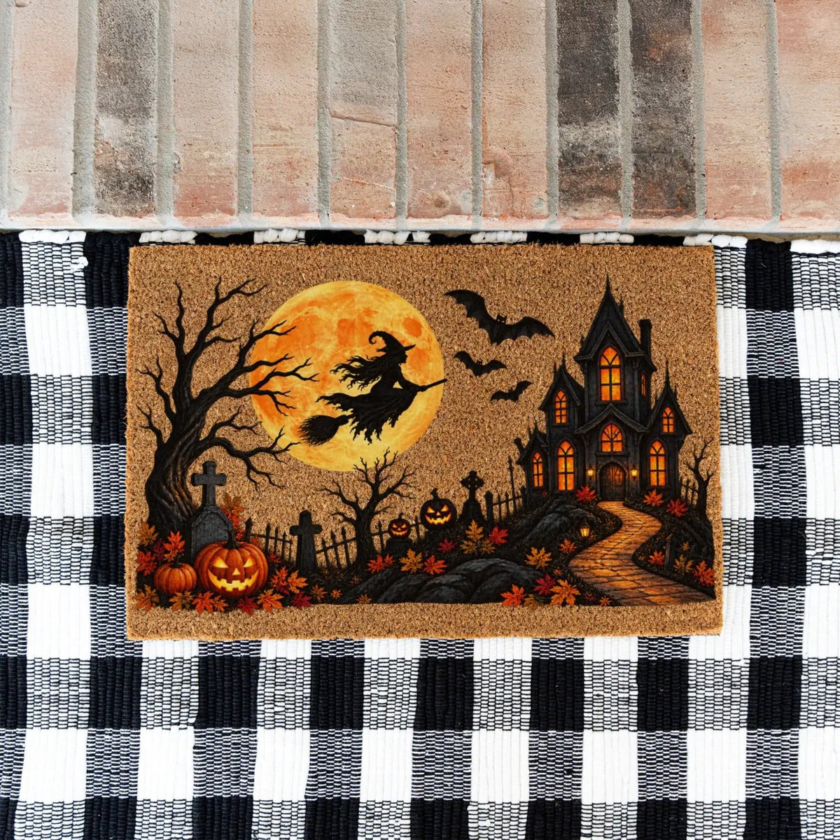 Halloween Witch Doormat, Haunted House Coir Welcome Mat, Spooky Graveyard Porch Decor, Full Moon Halloween Door Mat, Fall Entryway Decor