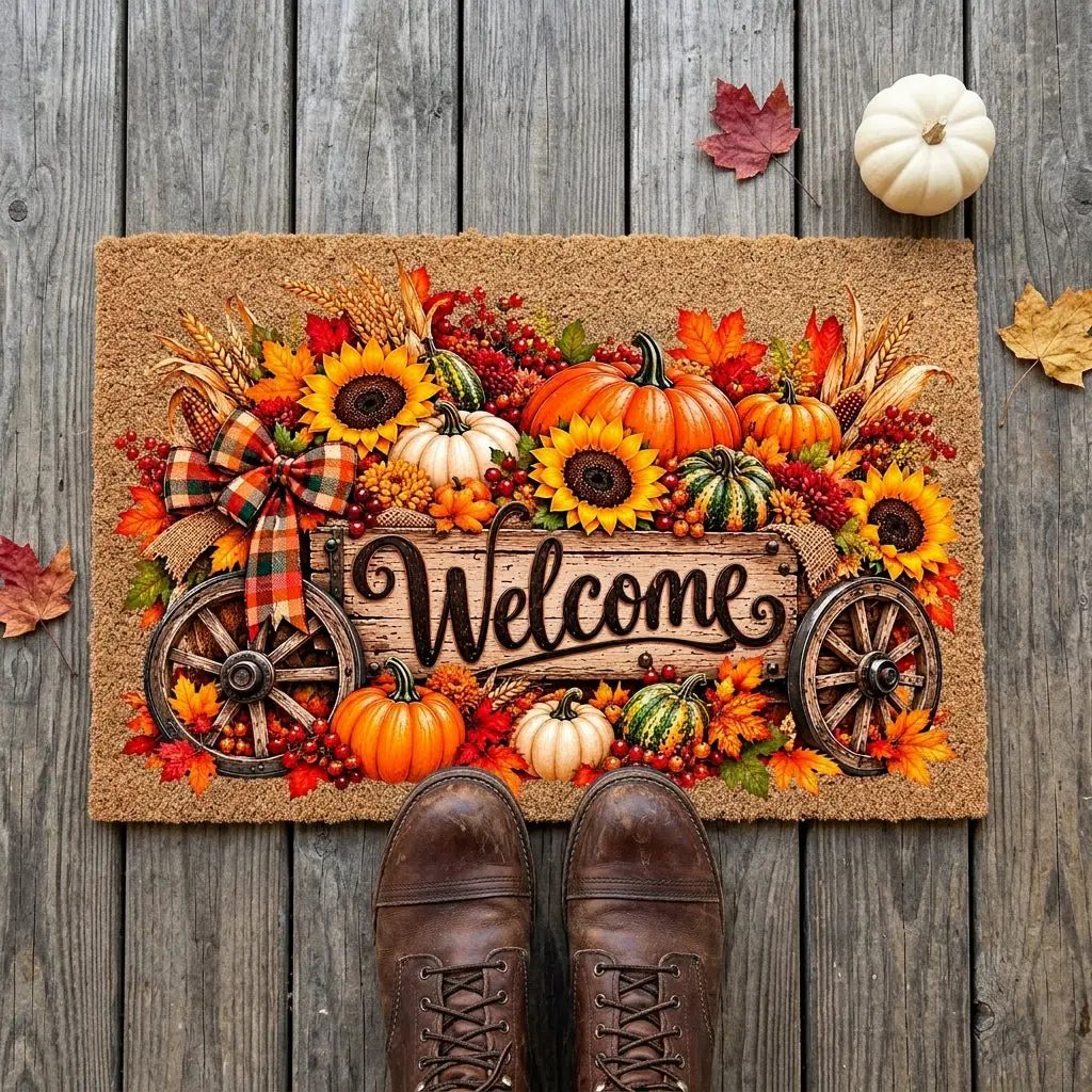 Harvest Wagon Welcome Doormat, Fall Coir Door Mat, Pumpkin Sunflower Welcome Mat, Autumn Farmhouse Porch Decor, Thanksgiving Doormat