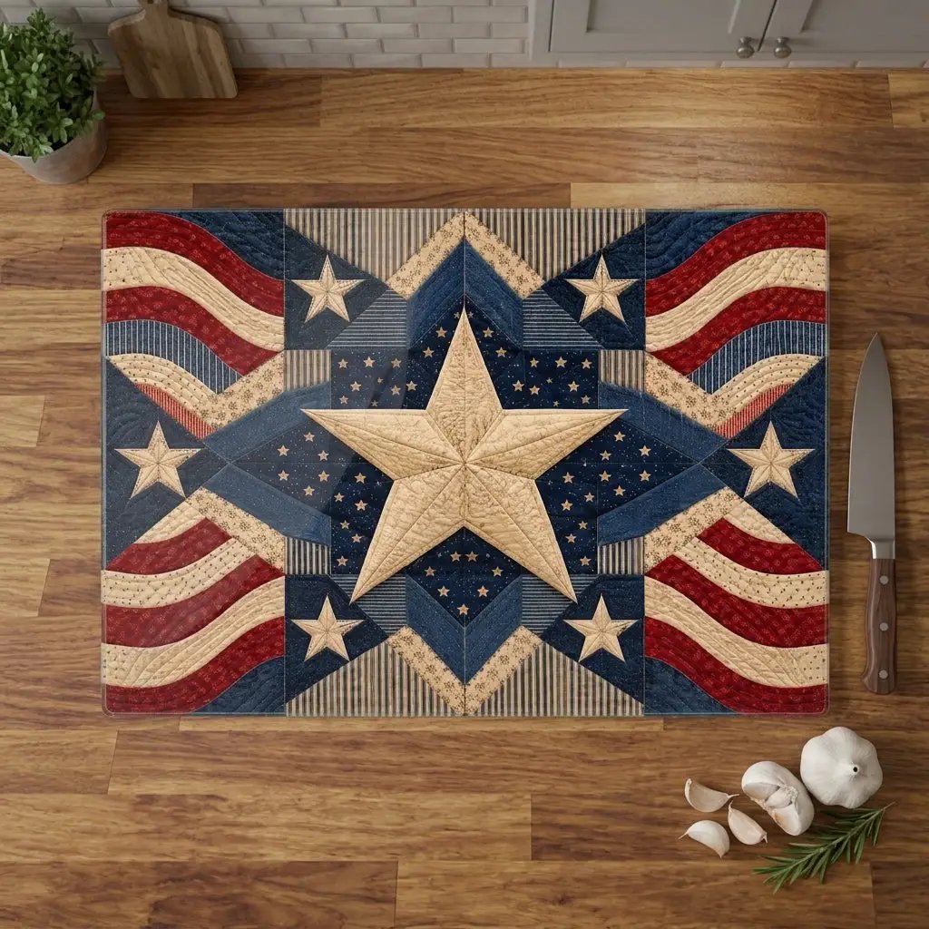 Patriotic Quilt Cutting Board, American Flag Glass Cutting Board, Americana Star Kitchen Decor, Quilter Gift, Red White Blue Decor