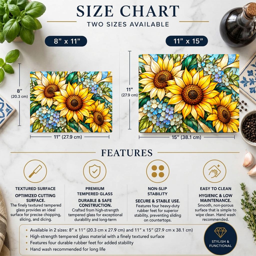 Sunflower Glass Cutting Board, Blue Hydrangea Kitchen Decor, Yellow Floral Cutting Board, Flower Lover Gift, Stained Glass Kitchen Art