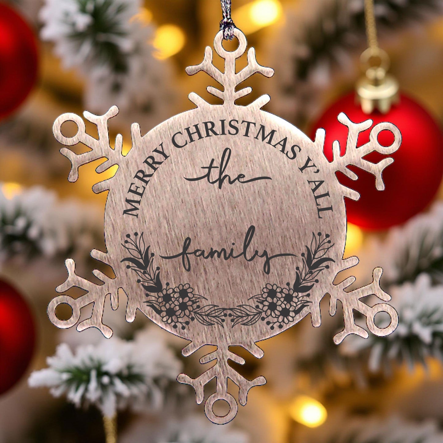 Personalized Merry Christmas Y'all Stainless Steel Laser Engraved Snowflake Tree Ornament - Mallard Moon