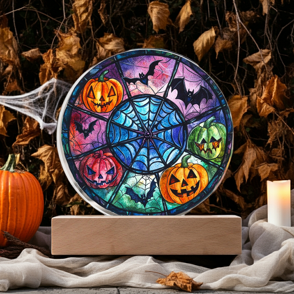 Spooky Halloween Decor Round Acrylic Plaque with Lighted LED Wooden Base - Mallard Moon