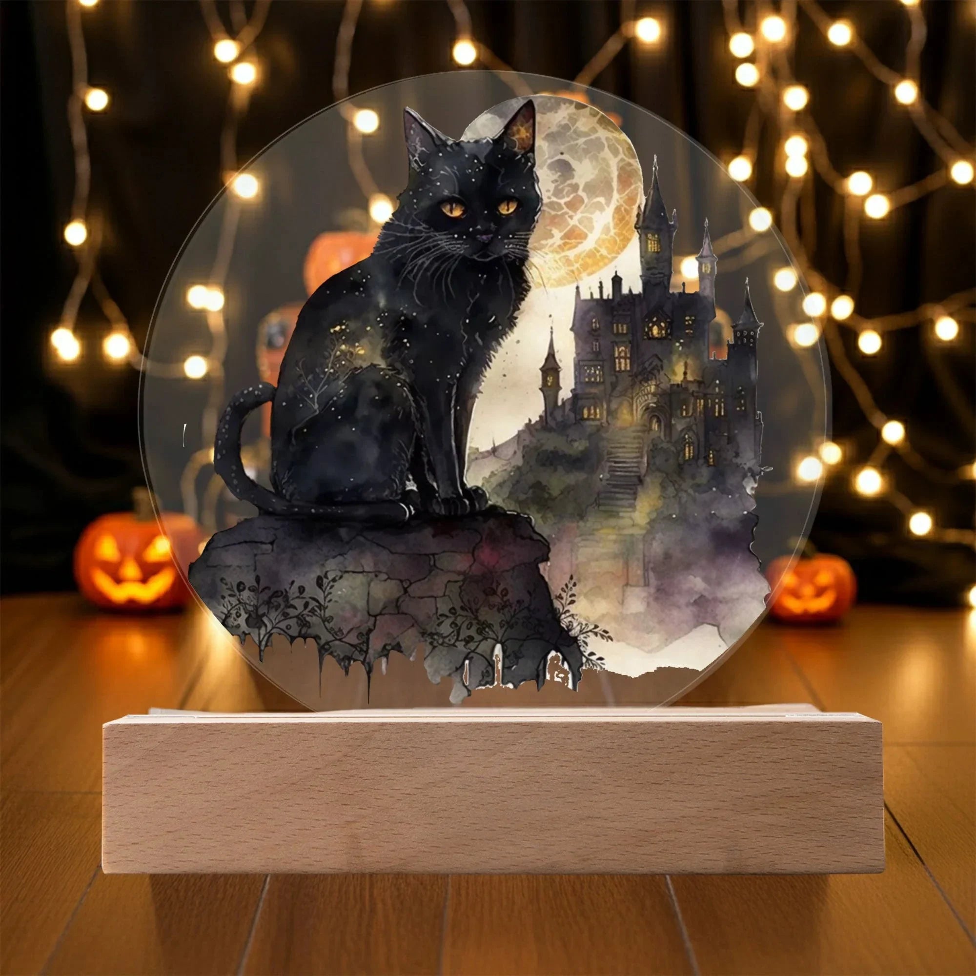 All Hallow's Black Cat Silhouette Acrylic Plaque Halloween Decor with Lighted LED Wooden Base