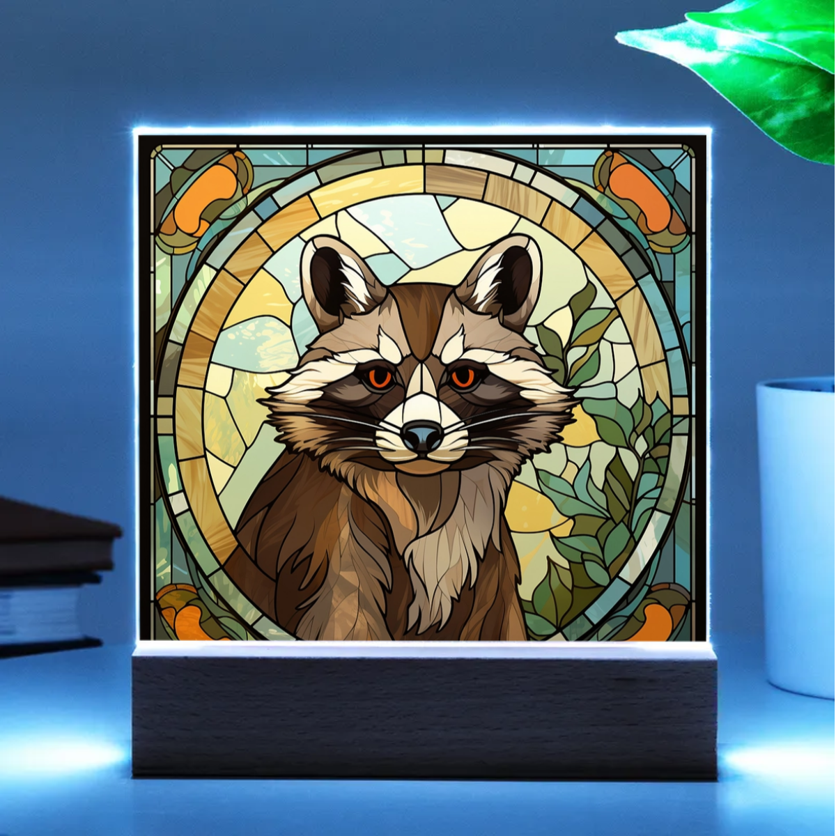 Raccoon Stained Glass Acrylic LED Light Plaque – Custom Animal Art Gift with Wooden Base