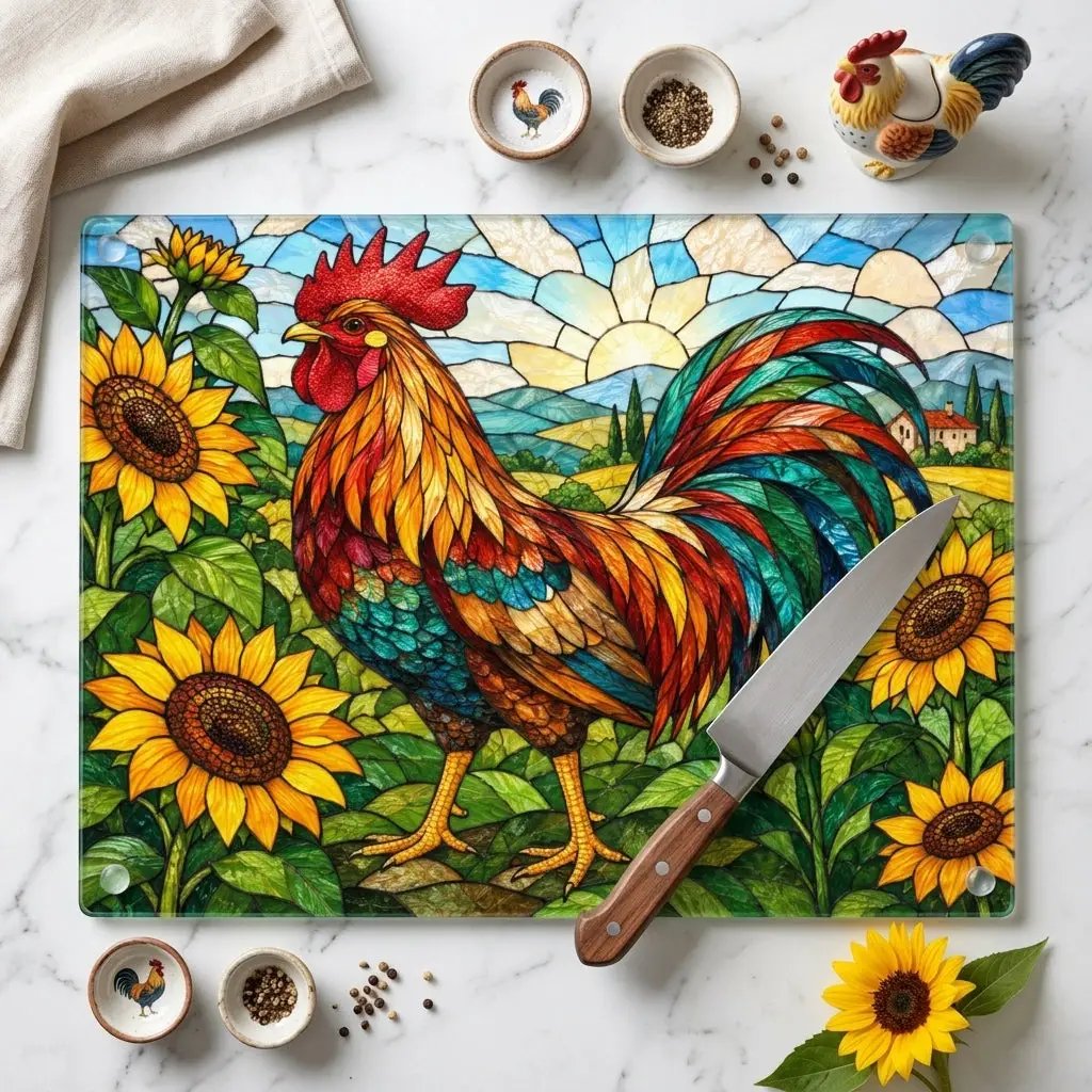 Rooster Glass Cutting Board, Sunflower Kitchen Decor, Colorful Farmhouse Rooster Art, Country Kitchen Gift, Stained Glass Farm Decor