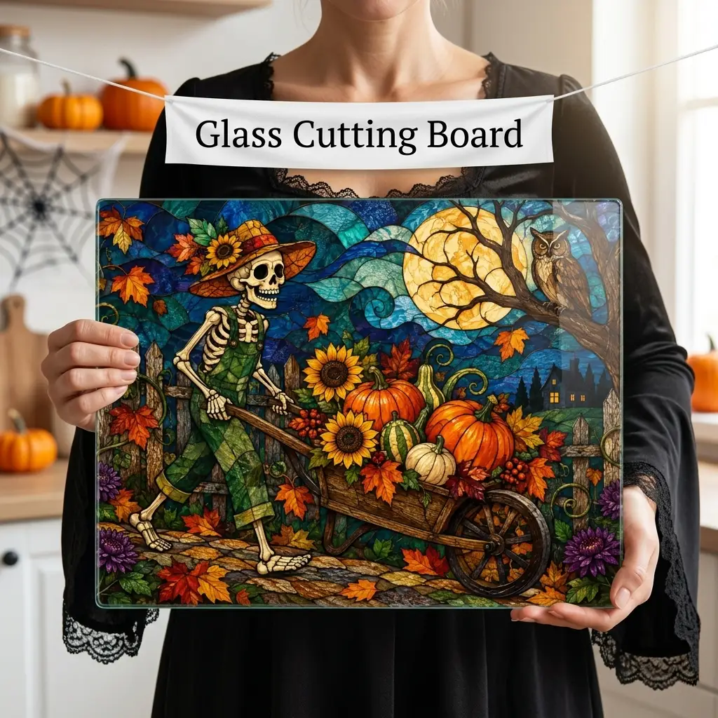 Halloween Personalized Glass Cutting Board, Spooky Pumpkin Farmhouse Kitchen Decor