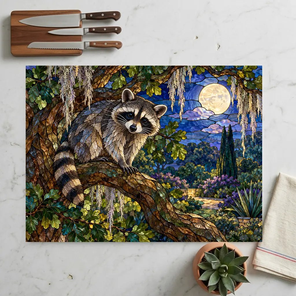 Raccoon Glass Cutting Board, Woodland Kitchen Decor, Moonlit Forest Chopping Board, Wildlife Lover Gift, Rustic Nature Kitchen Accent