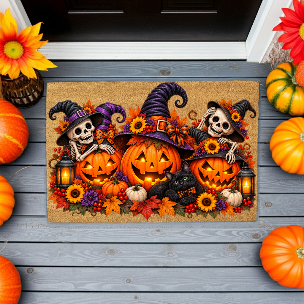 Halloween Skeleton Doormat, Jack O Lantern Coir Mat, Skeleton & Black Cat Welcome Mat, Spooky Fall Porch Decor, Halloween Door Mat