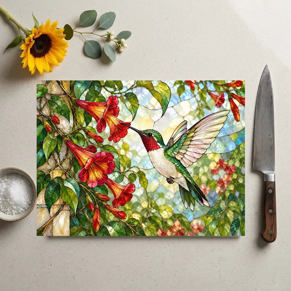 Hummingbird Cutting Board, Stained Glass Hummingbird Decor, Trumpet Vine Kitchen Decor, Bird Lover Gift, Garden Lover Gift