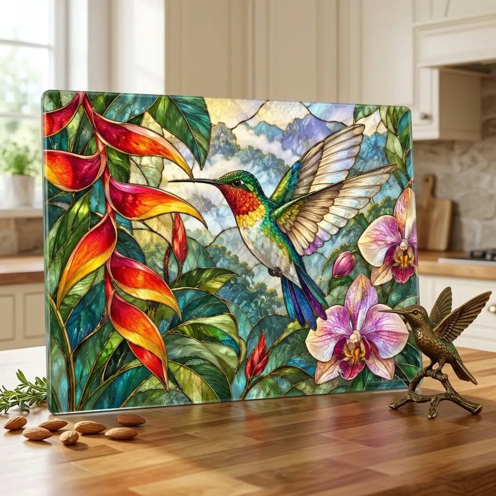 Hummingbird Cutting Board, Stained Glass Bird Decor, Tropical Orchid Kitchen Decor, Floral Hummingbird Gift, Nature Lover Gift