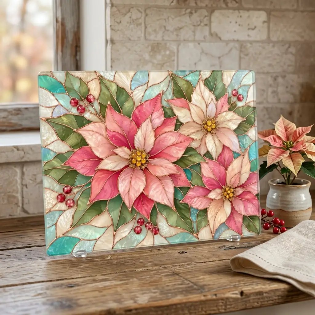 Pink Poinsettia Glass Cutting Board, Christmas Floral Kitchen Decor, Tempered Chopping Board, Holiday Hostess Gift, Serving Board for Home