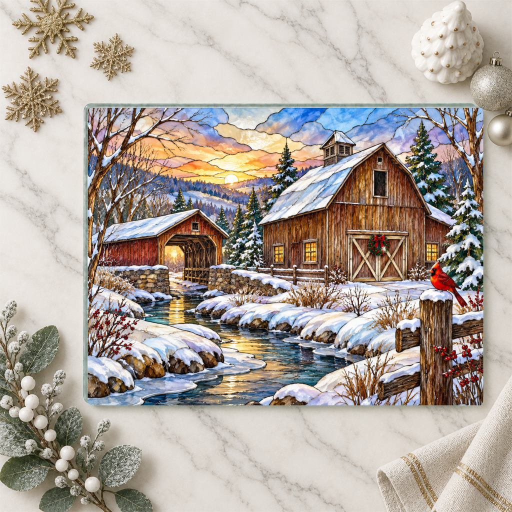 Personalized Winter Barn Cutting Board, Country Farmhouse Kitchen Decor, Stained Glass Farm Scene, Rustic Christmas Gift, Custom Family Gift