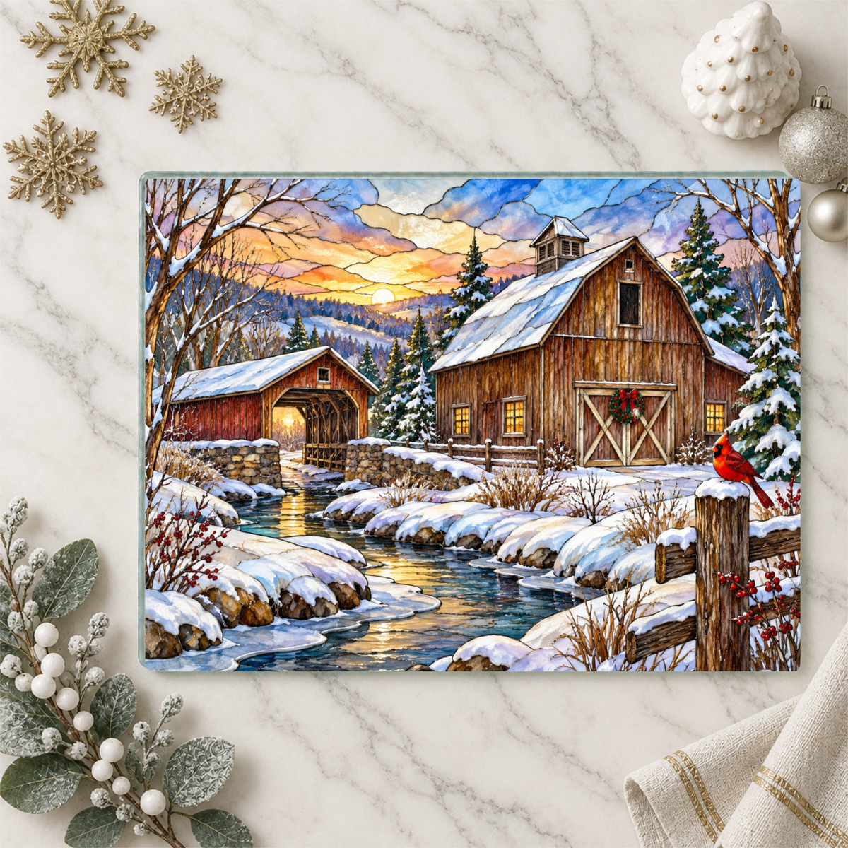 Personalized Winter Barn Cutting Board, Country Farmhouse Kitchen Decor, Stained Glass Farm Scene, Rustic Christmas Gift, Custom Family Gift