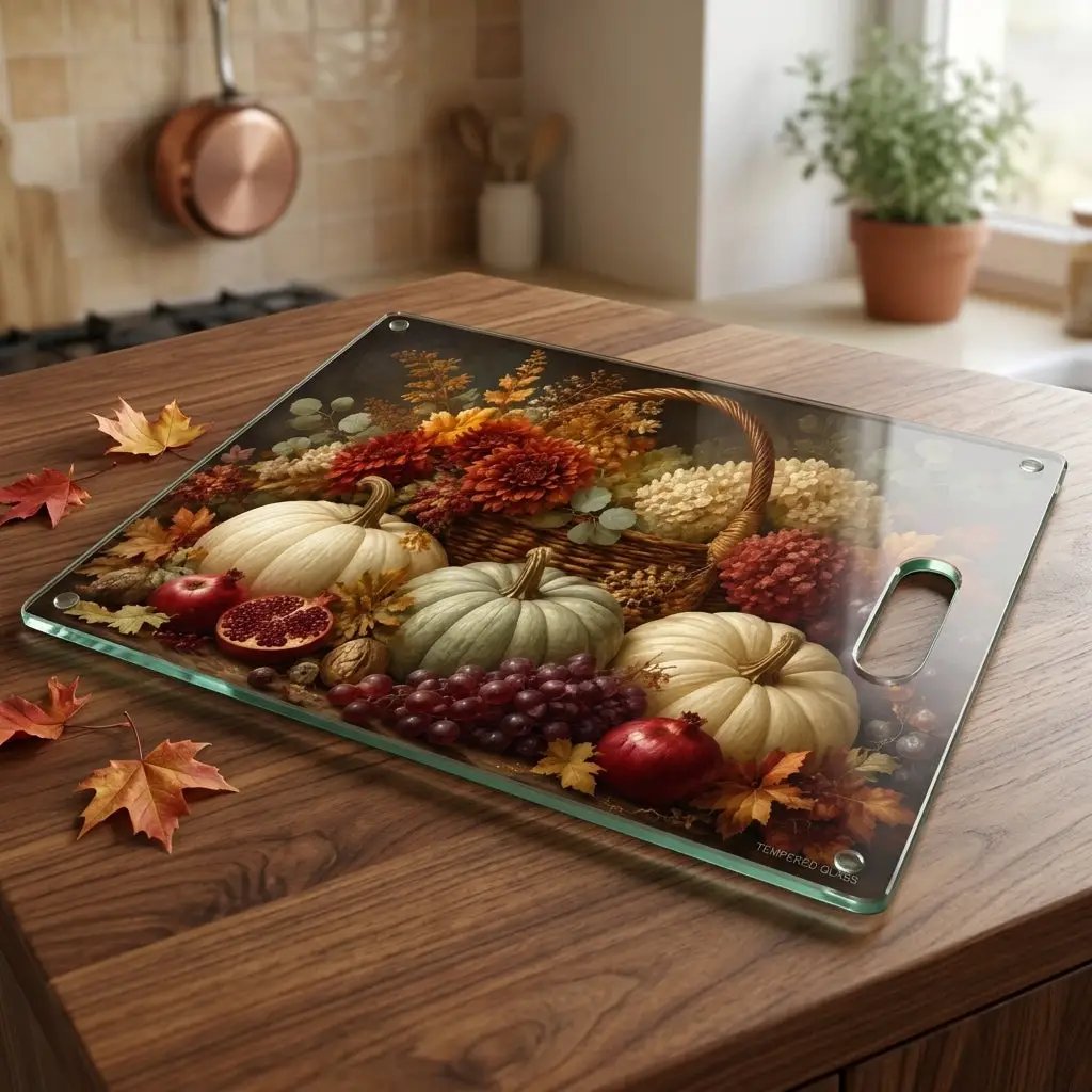 White Pumpkin Glass Cutting Board, Elegant Fall Kitchen Decor, Autumn Floral Cutting Board, Thanksgiving Hostess Gift